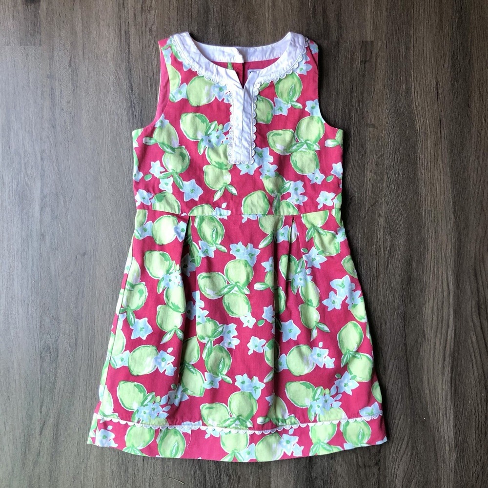 Janie & Jack Dress Size 7 Pink South Beach Beauty Lime Print Fruit Tropical READ